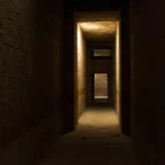 Couloir mystérieux orné de hiéroglyphes dans une pyramide égyptienne, évoquant des labyrinthes conçus pour piéger les vivants