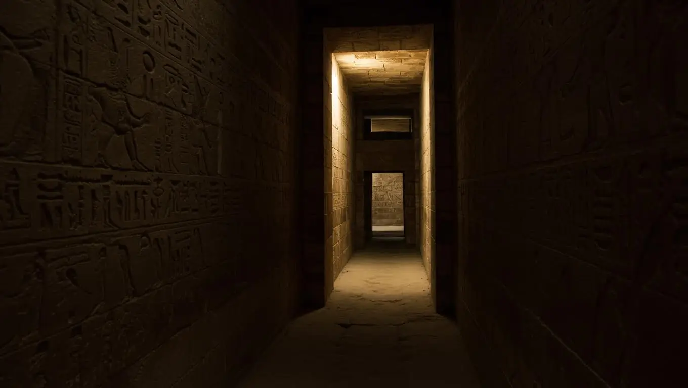 Couloir mystérieux orné de hiéroglyphes dans une pyramide égyptienne, évoquant des labyrinthes conçus pour piéger les vivants