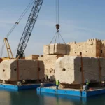 Grues soulevant d’énormes blocs de pierre du Phare d’Alexandrie depuis le port, vestiges de la septième merveille du monde antique