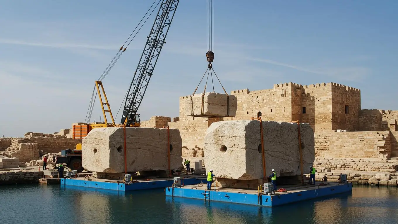 Grues soulevant d’énormes blocs de pierre du Phare d’Alexandrie depuis le port, vestiges de la septième merveille du monde antique