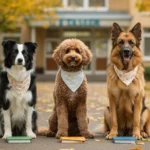 Trois chiens assis devant une école avec des livres, illustrant l’intelligence canine et la rentrée scolaire.