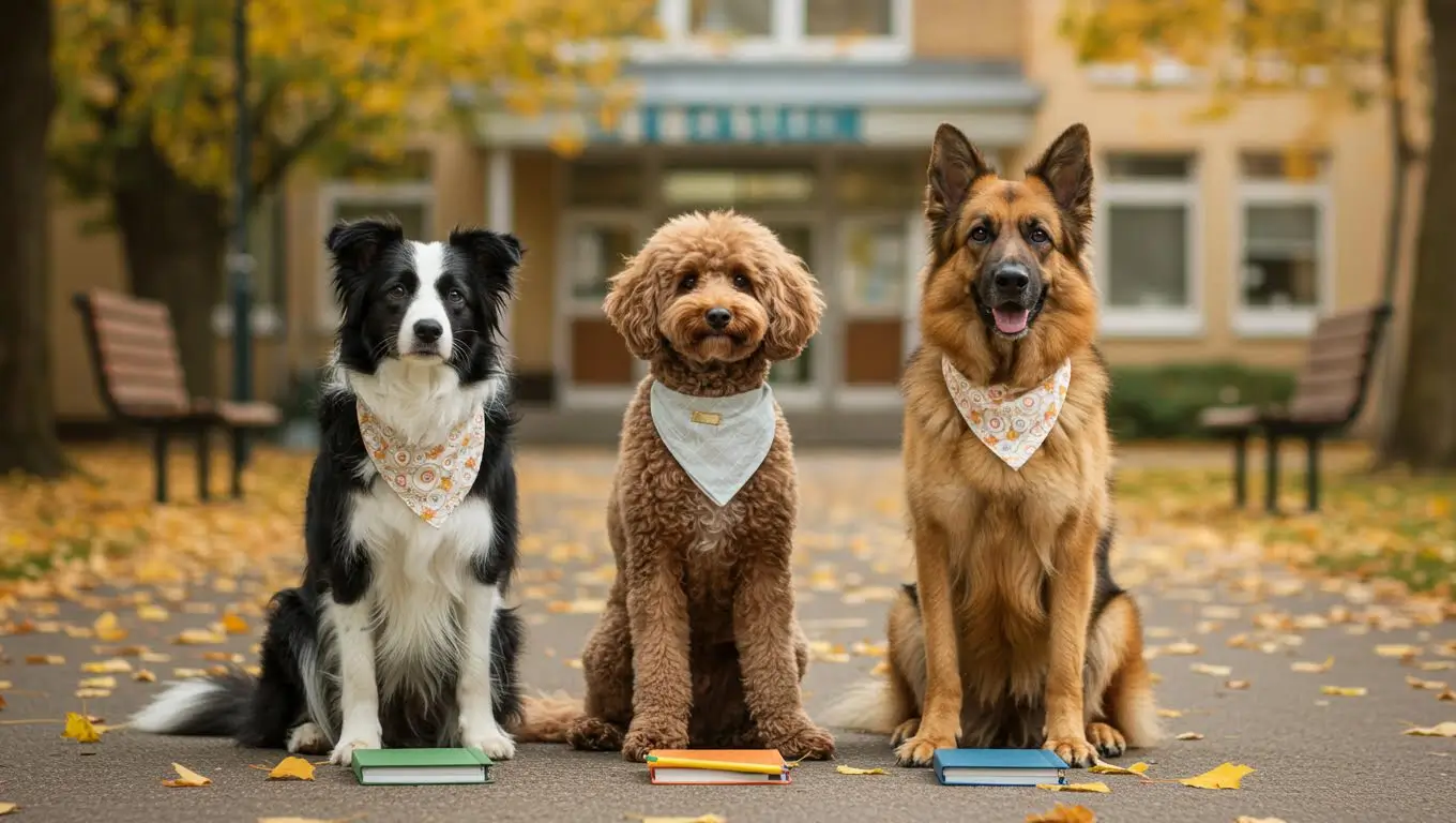 Trois chiens assis devant une école avec des livres, illustrant l’intelligence canine et la rentrée scolaire.