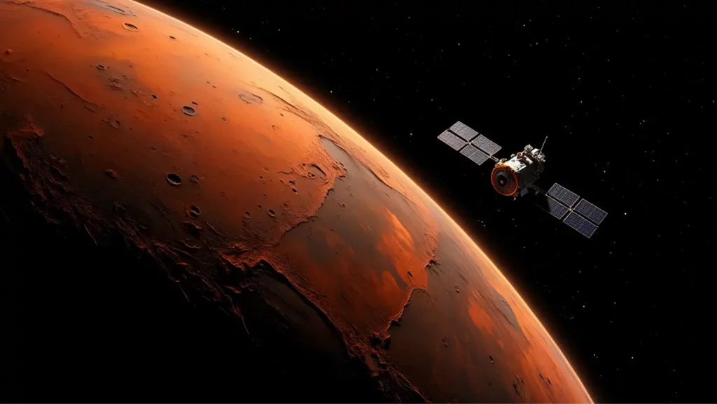 Illustration d’un satellite en orbite autour de la planète Mars, vue de l’espace.