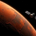 Illustration d’un satellite en orbite autour de la planète Mars, vue de l’espace.