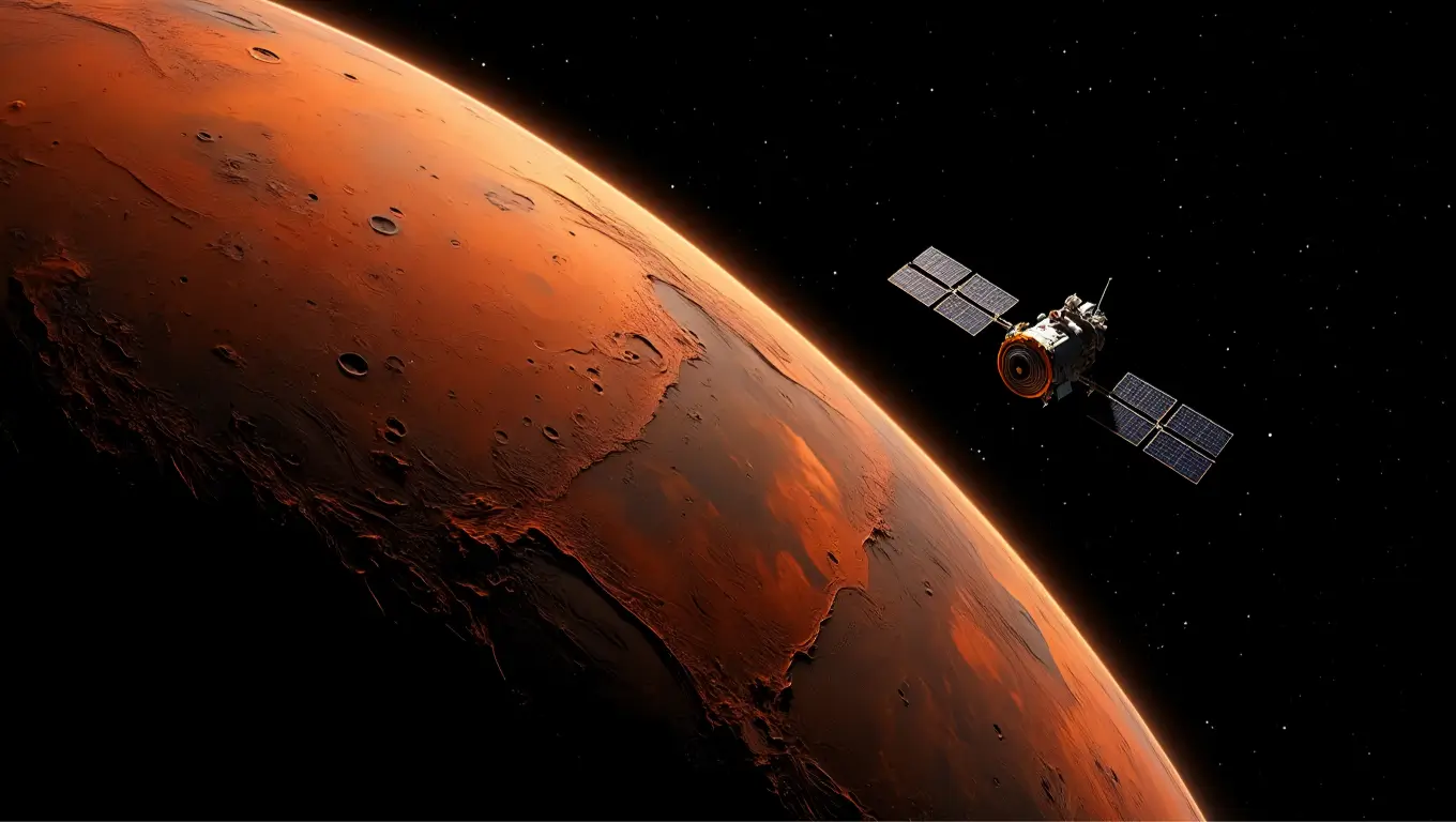 Illustration d’un satellite en orbite autour de la planète Mars, vue de l’espace.