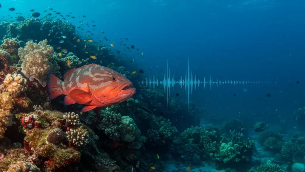 Un mérou rouge nageant près d’un récif corallien, illustrant la découverte que les poissons émettent des sons pour communiquer.