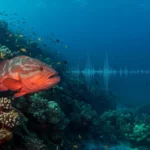 Un mérou rouge nageant près d’un récif corallien, illustrant la découverte que les poissons émettent des sons pour communiquer.