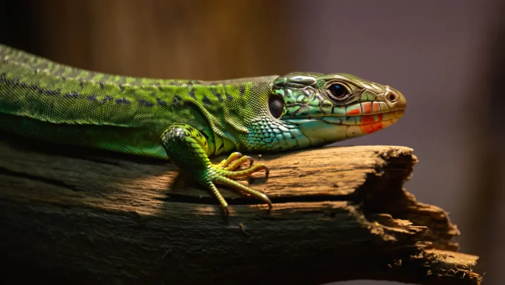 Gros plan sur un lézard vert aux écailles colorées reposant sur une branche.