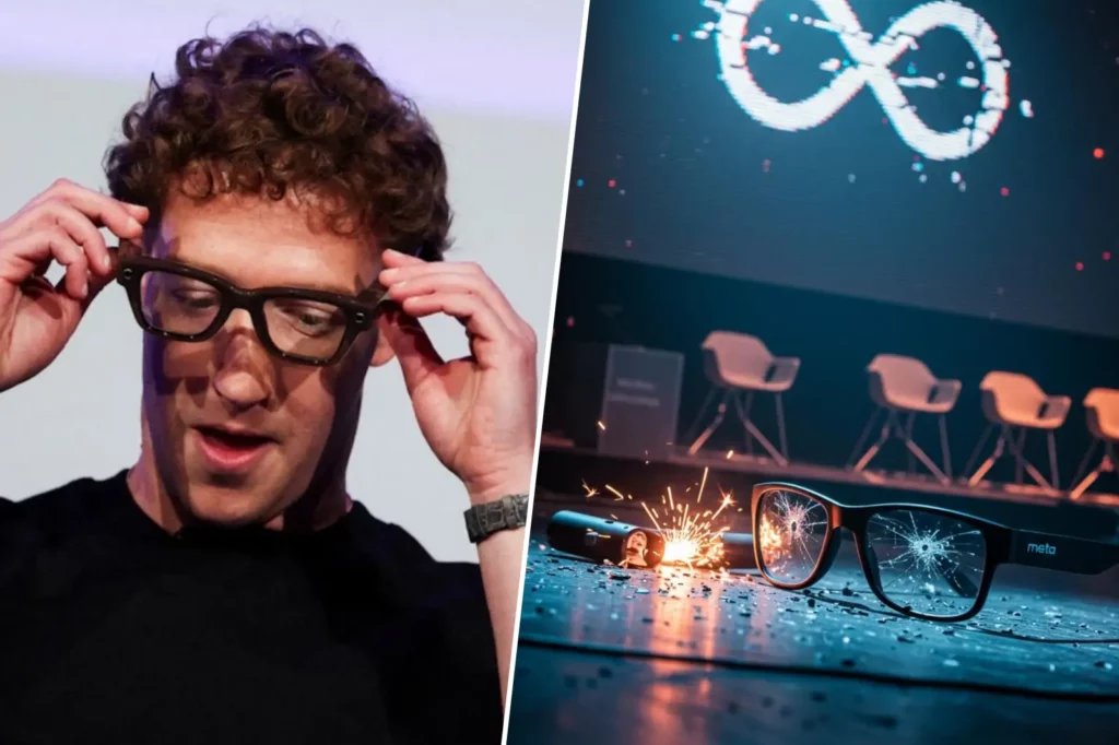 Mark Zuckerberg ajuste des lunettes connectées Meta à gauche, lunettes brisées sur scène à droite illustrant un échec de présentation