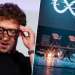 Mark Zuckerberg ajuste des lunettes connectées Meta à gauche, lunettes brisées sur scène à droite illustrant un échec de présentation