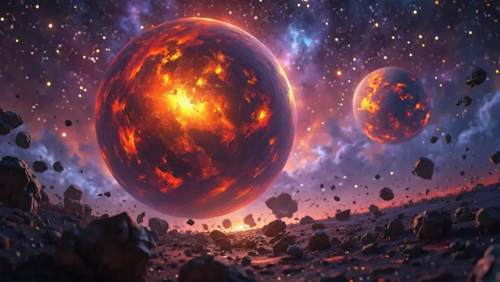 Illustration artistique montrant une collision titanesque entre deux planètes incandescentes dans l’espace.