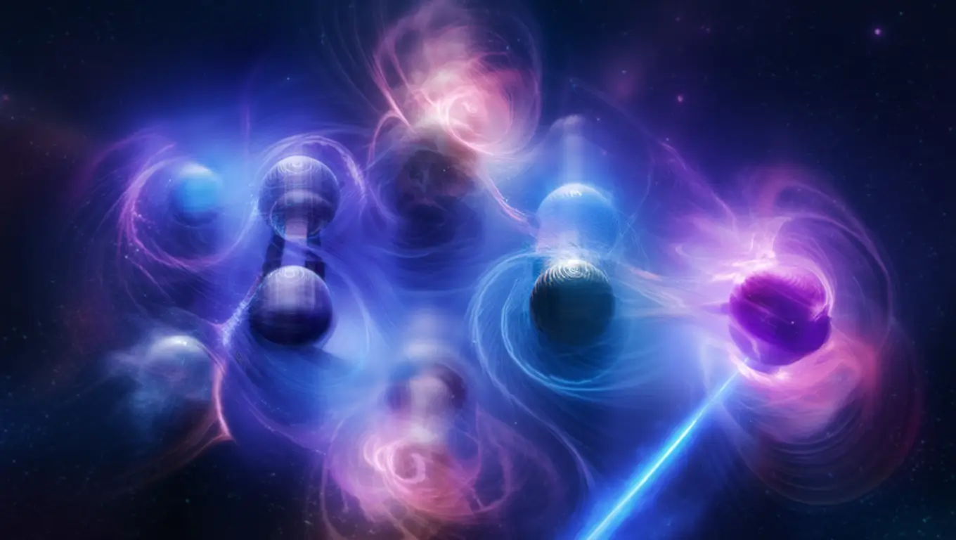 Illustration artistique montrant des particules de matière vibrant même au zéro absolu sous l’effet de phénomènes quantiques.