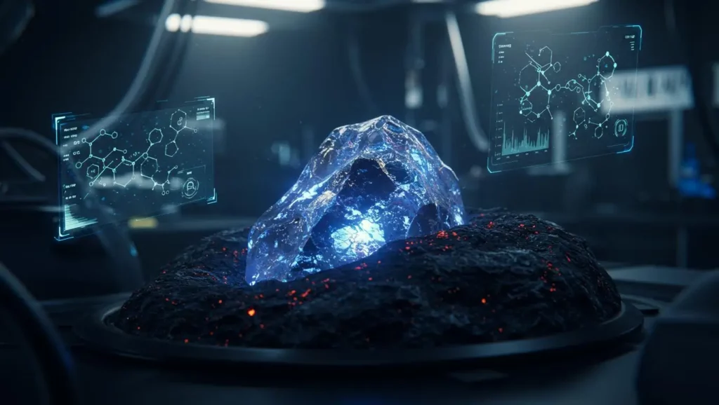 Cristal de métal rare analysé en laboratoire avec des hologrammes scientifiques, représentant une découverte vieille de 800 millions d’années