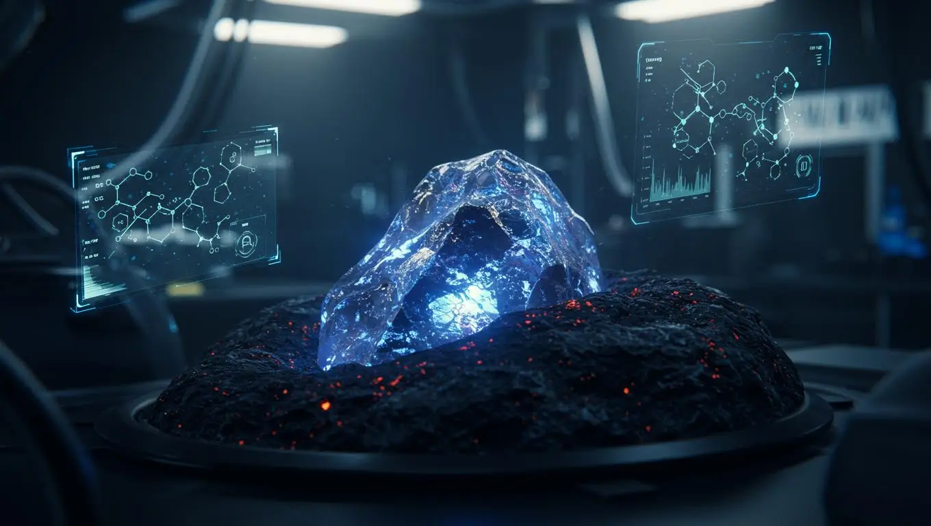 Cristal de métal rare analysé en laboratoire avec des hologrammes scientifiques, représentant une découverte vieille de 800 millions d’années