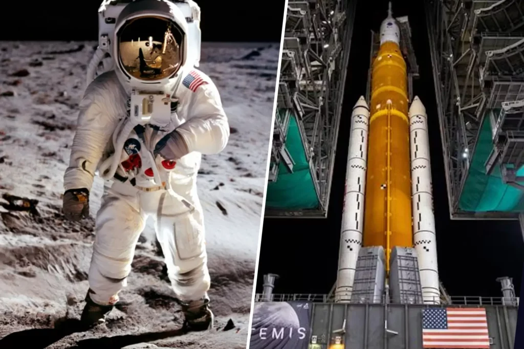 Comparaison entre un astronaute de la mission Apollo sur la Lune et la fusée SLS du programme Artemis.