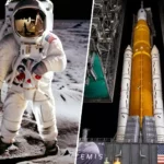 Comparaison entre un astronaute de la mission Apollo sur la Lune et la fusée SLS du programme Artemis.