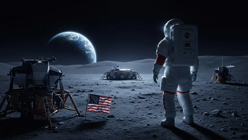 Astronaute de la NASA debout sur la Lune avec le module lunaire et la Terre en arrière-plan.