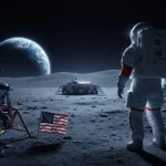 Astronaute de la NASA debout sur la Lune avec le module lunaire et la Terre en arrière-plan.