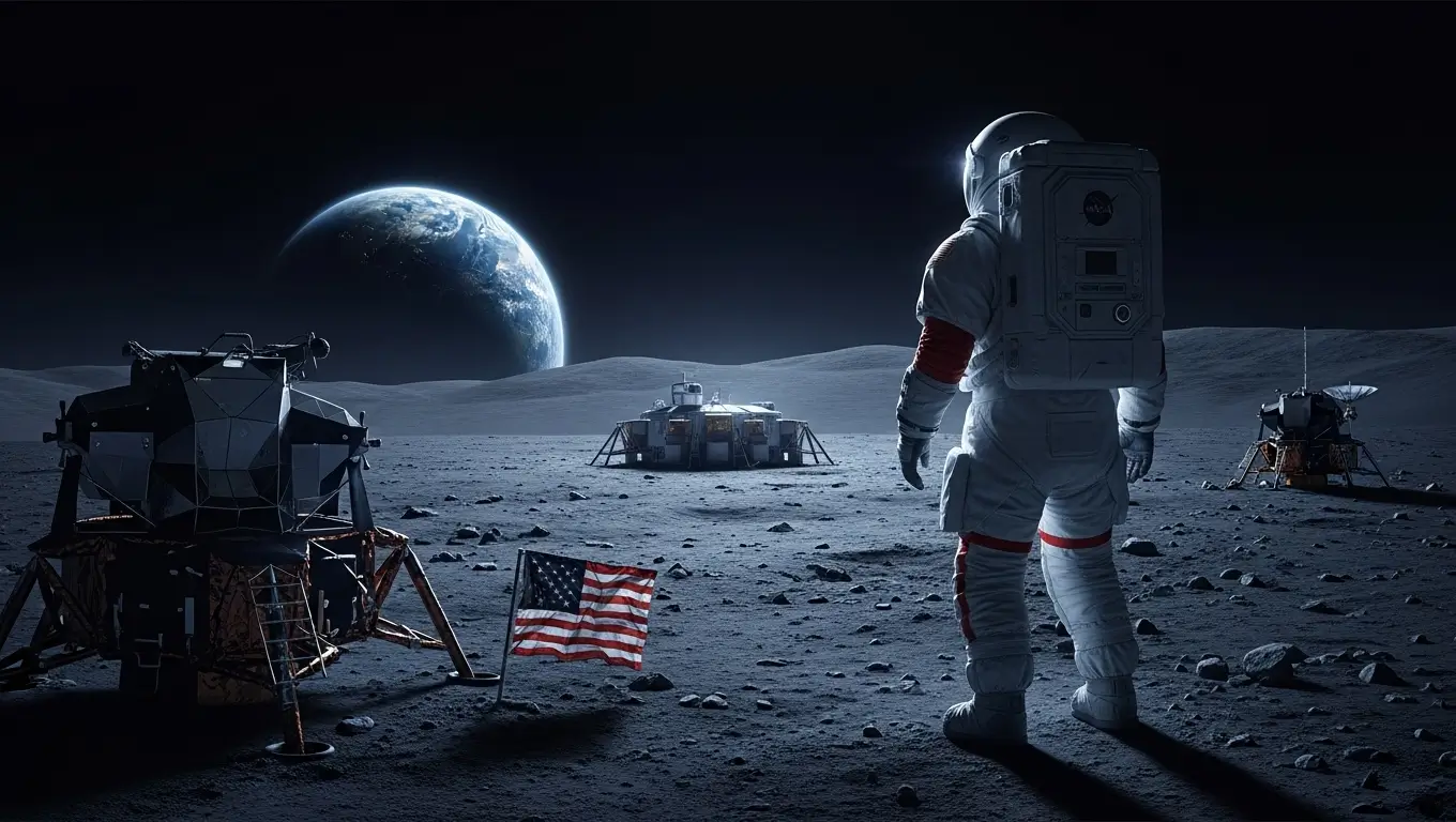 Astronaute de la NASA debout sur la Lune avec le module lunaire et la Terre en arrière-plan.