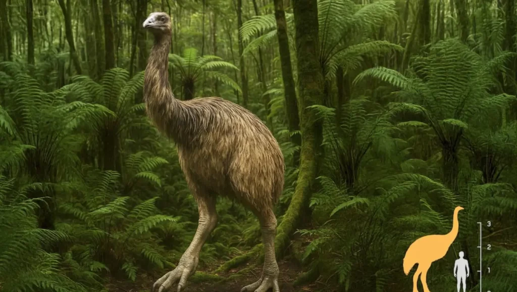 Reconstitution du moa géant dans une forêt, un oiseau disparu pouvant atteindre 3 mètres de haut