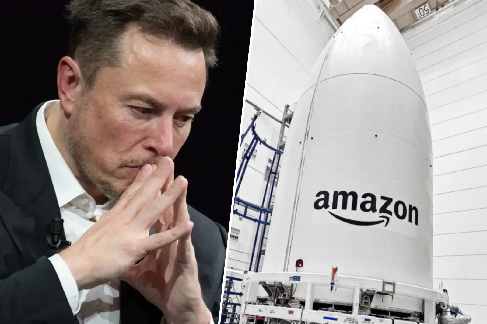 Elon Musk préoccupé, en face d’une fusée Amazon illustrant la rivalité entre Starlink et Kuiper dans la conquête de l’Internet spatial.