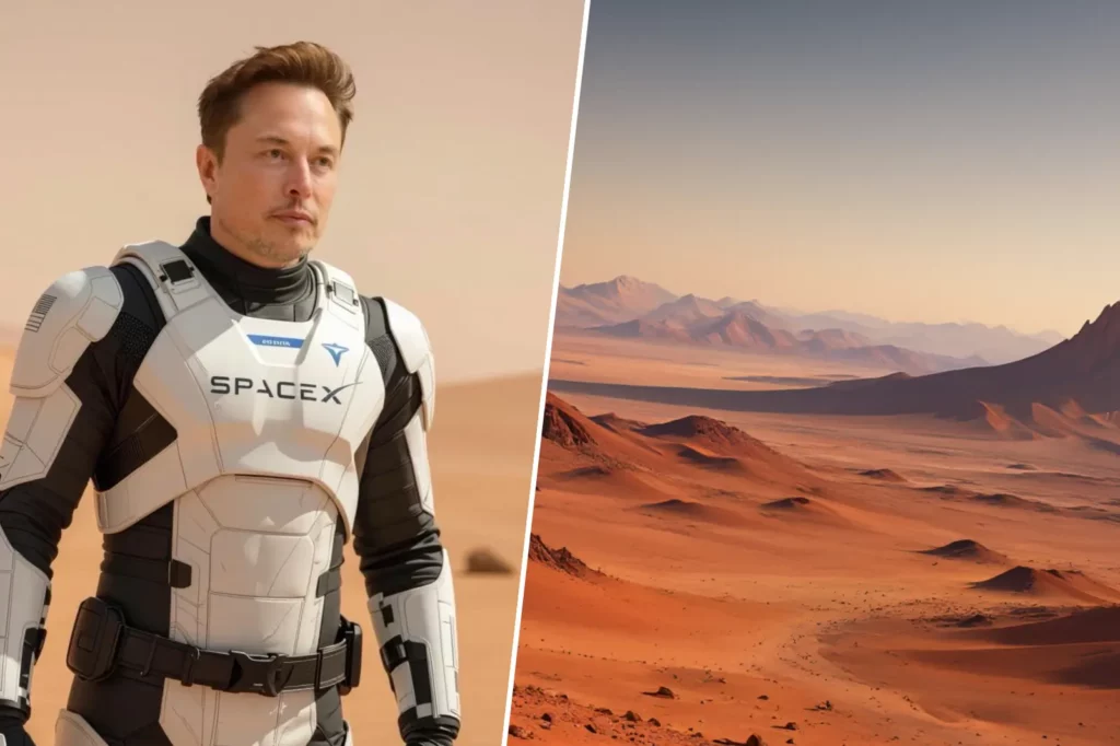Elon Musk en combinaison spatiale SpaceX avec en arrière-plan un paysage martien désertique.