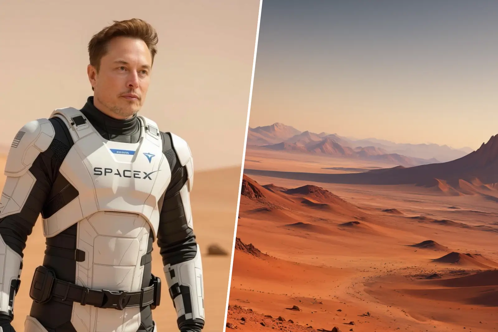 Elon Musk en combinaison spatiale SpaceX avec en arrière-plan un paysage martien désertique.
