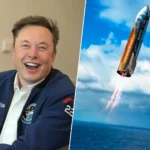 Elon Musk souriant aux côtés d’une fusée SpaceX en plein lancement.