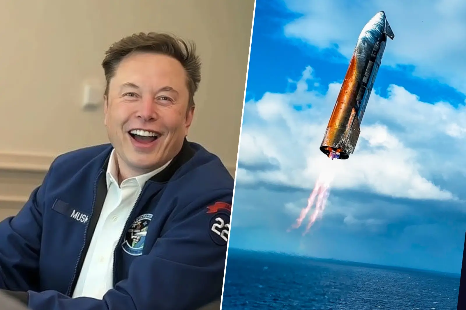 Elon Musk souriant aux côtés d’une fusée SpaceX en plein lancement.