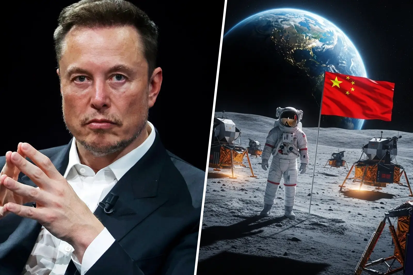 Montage montrant Elon Musk à gauche et un astronaute chinois plantant un drapeau sur la Lune à droite.