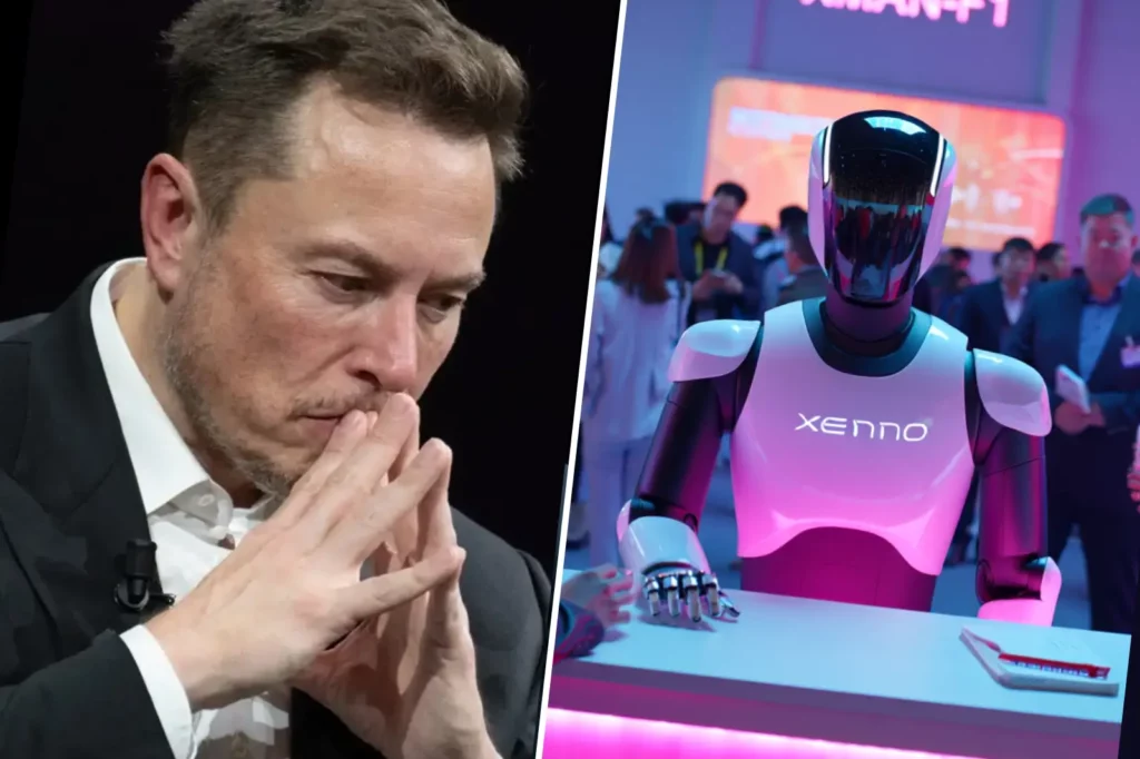 Montage montrant Elon Musk pensif à gauche et le robot humanoïde XMAN-F1 présenté au WAIC 2025 à droite.
