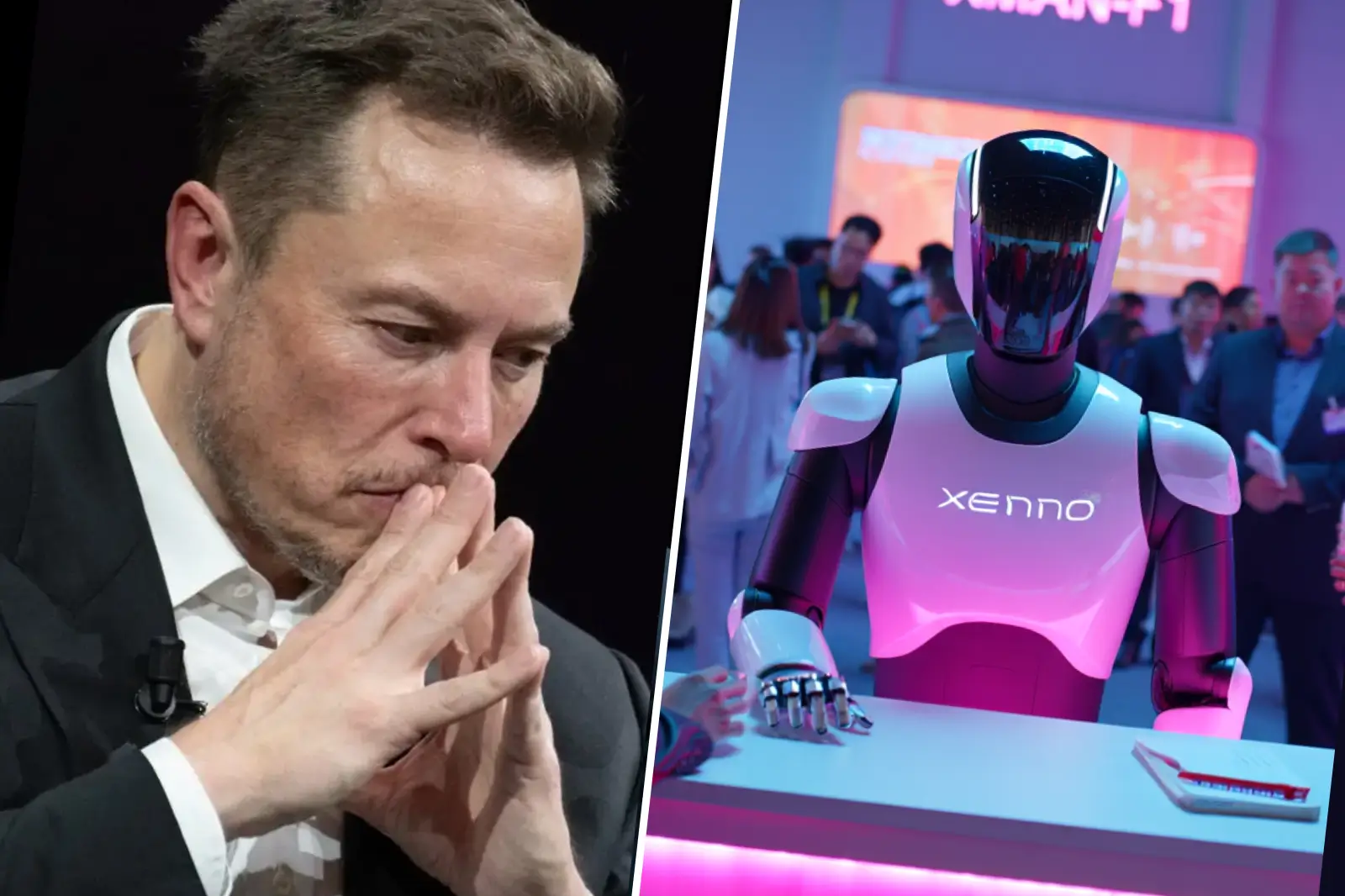Montage montrant Elon Musk pensif à gauche et le robot humanoïde XMAN-F1 présenté au WAIC 2025 à droite.