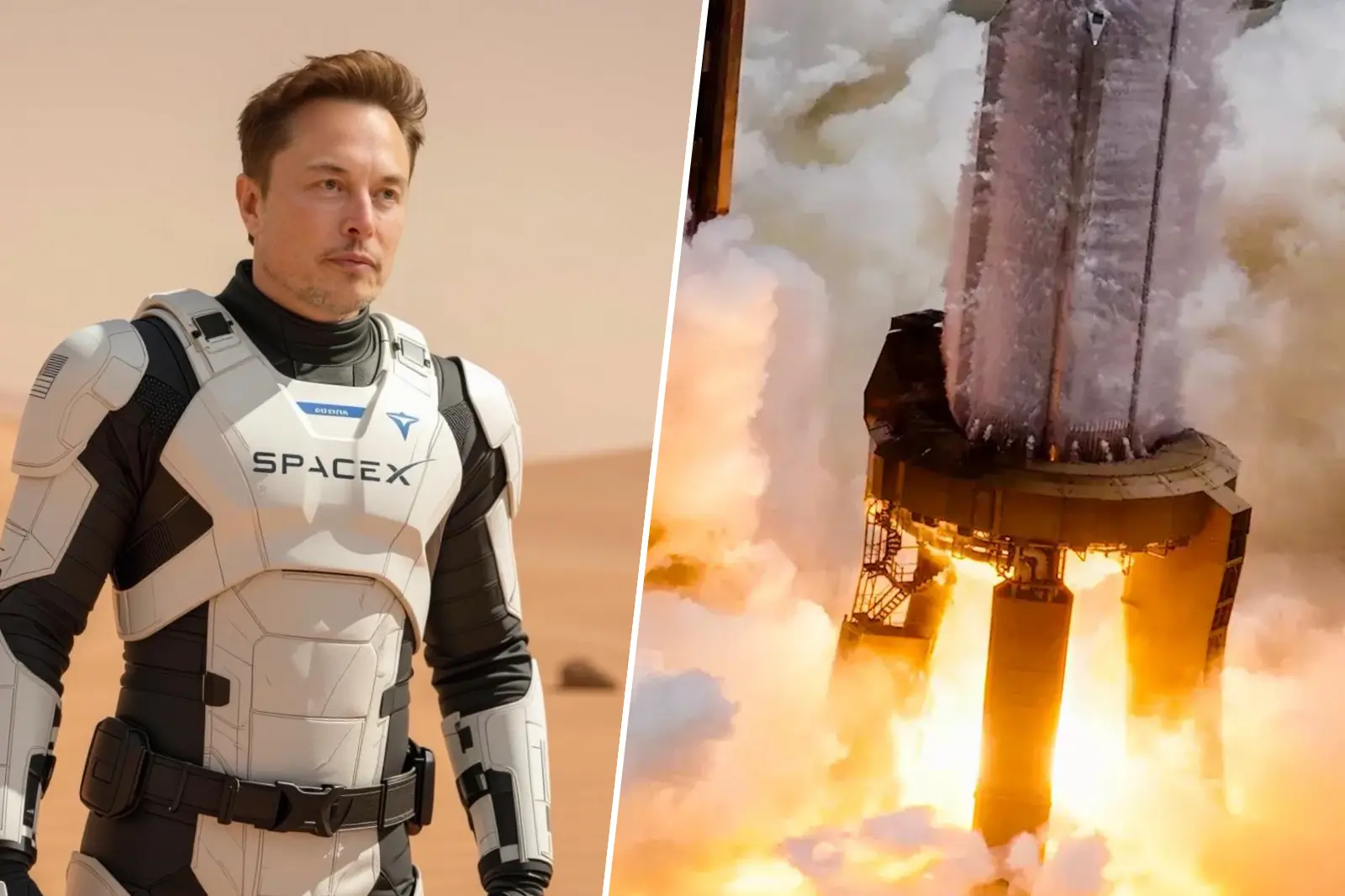 Elon Musk en combinaison SpaceX à côté d’une image du booster Super Heavy du Starship en plein décollage.