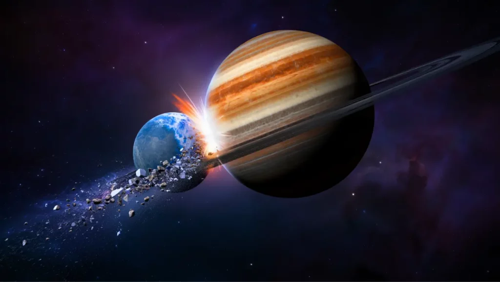 Illustration d’une planète entrant en collision avec Jupiter, une scène cosmique hypothétique.