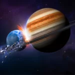 Illustration d’une planète entrant en collision avec Jupiter, une scène cosmique hypothétique.