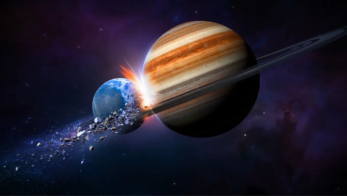Illustration d’une planète entrant en collision avec Jupiter, une scène cosmique hypothétique.