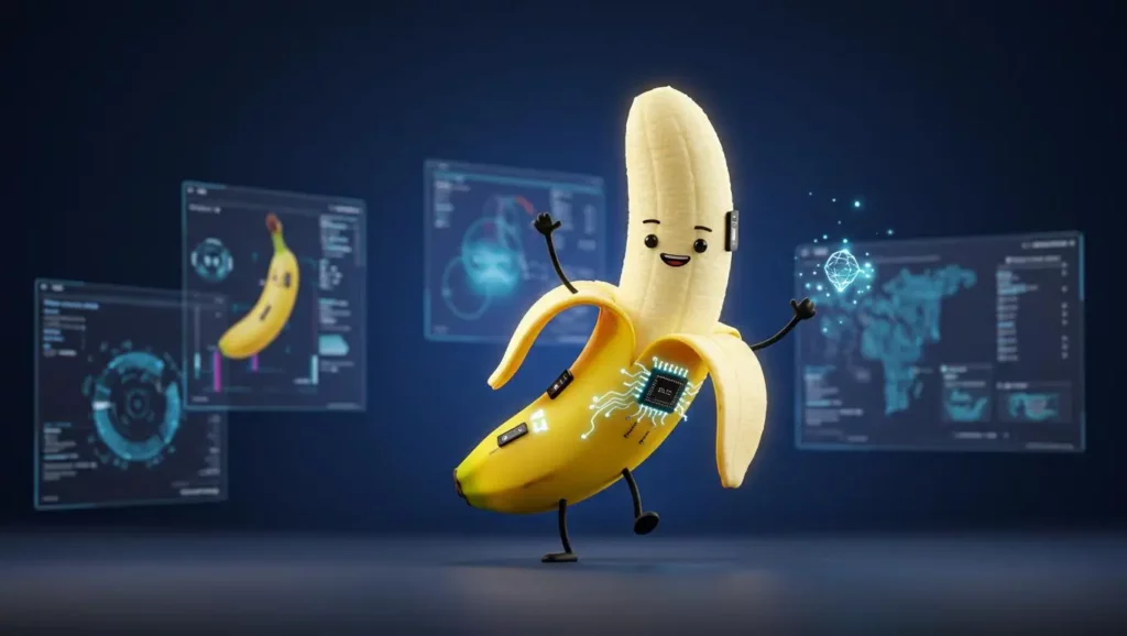Banane humanoïde futuriste avec puces électroniques et écrans holographiques, mascotte humoristique de Google Gemini face à ChatGPT