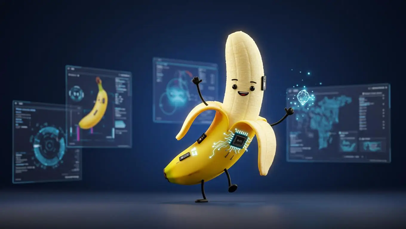 Banane humanoïde futuriste avec puces électroniques et écrans holographiques, mascotte humoristique de Google Gemini face à ChatGPT