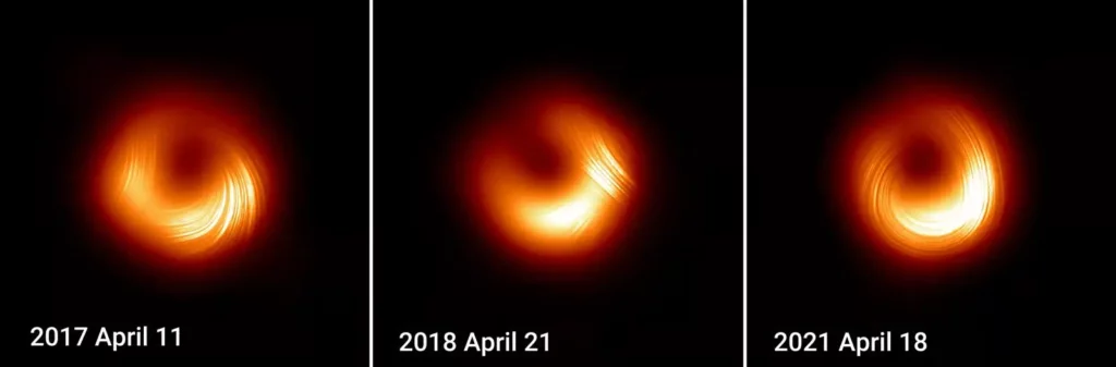 Trois images du trou noir M87 prises en 2017, 2018 et 2021 par l’Event Horizon Telescope, montrant son évolution et ses émissions lumineuses.