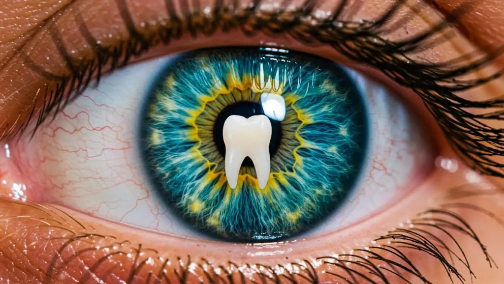 Œil humain avec une dent dans l’iris, symbolisant une opération médicale innovante pour restaurer la vision