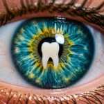 Œil humain avec une dent dans l’iris, symbolisant une opération médicale innovante pour restaurer la vision