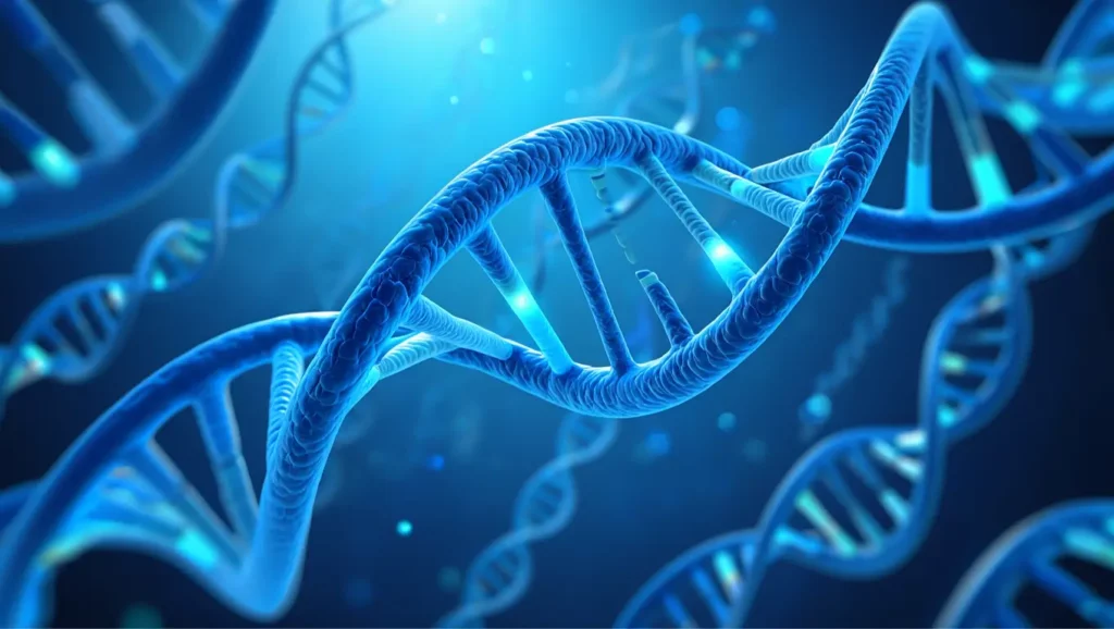 Illustration scientifique en gros plan représentant une double hélice d’ADN en bleu.