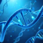 Illustration scientifique en gros plan représentant une double hélice d’ADN en bleu.