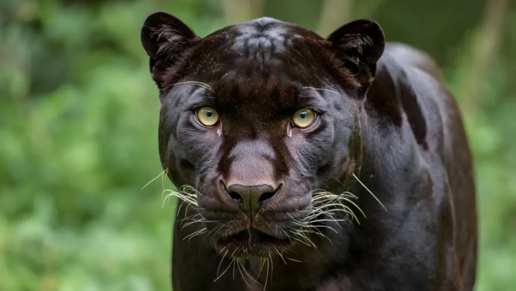 Gros plan sur un jaguar noir aux yeux jaunes dans son habitat naturel en forêt tropicale.