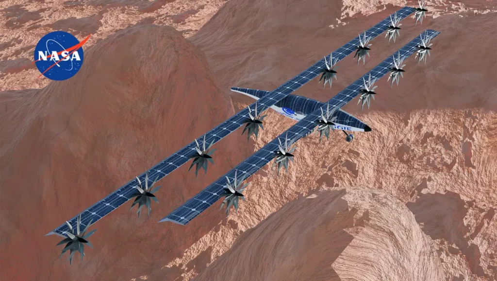 Illustration d’un avion solaire expérimental de la NASA, MAGGIE, survolant les canyons de la planète Mars.