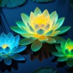 Plantes fluorescentes créées en laboratoire, brillantes de couleurs vives rappelant l’univers d’Avatar.