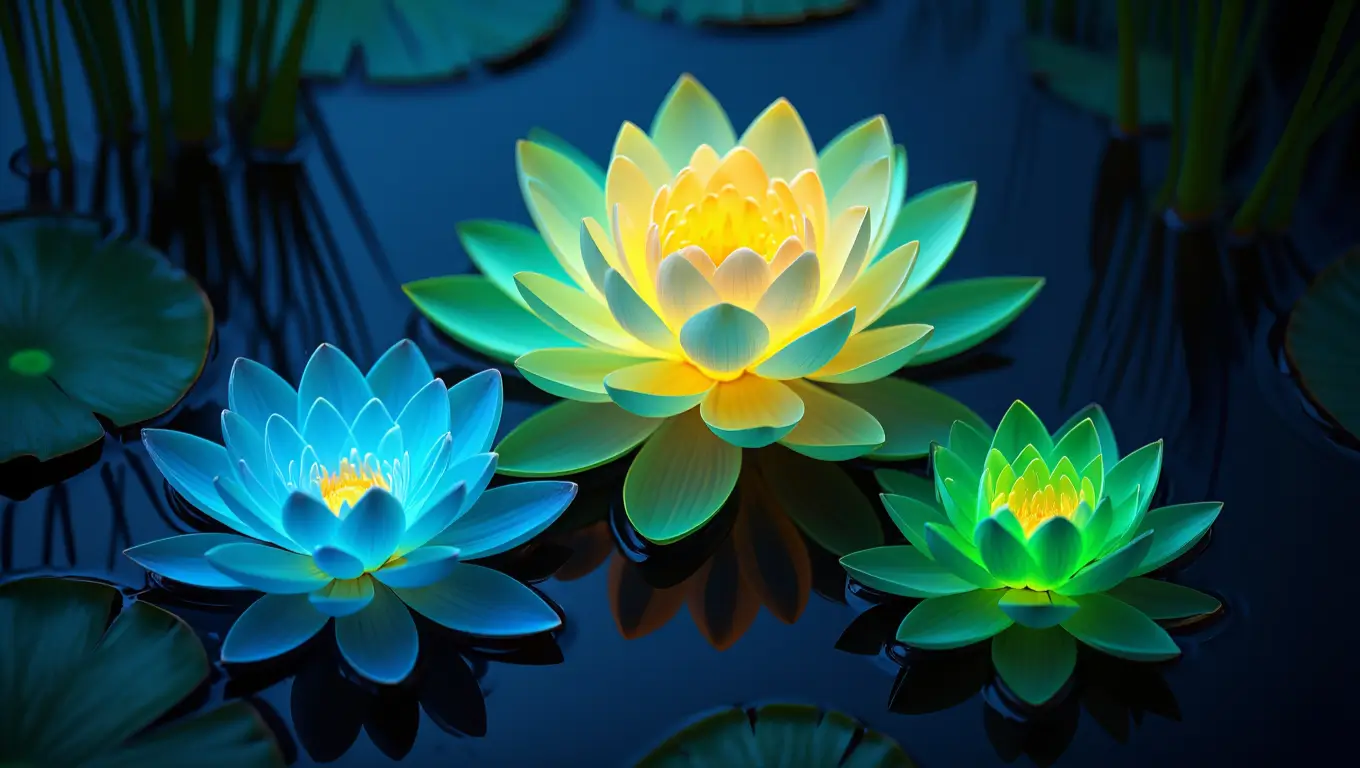 Plantes fluorescentes créées en laboratoire, brillantes de couleurs vives rappelant l’univers d’Avatar.