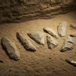 Pointes de flèches en silex vieilles de 80 000 ans découvertes lors de fouilles archéologiques, entourées d’outils de recherche et de pinceaux.