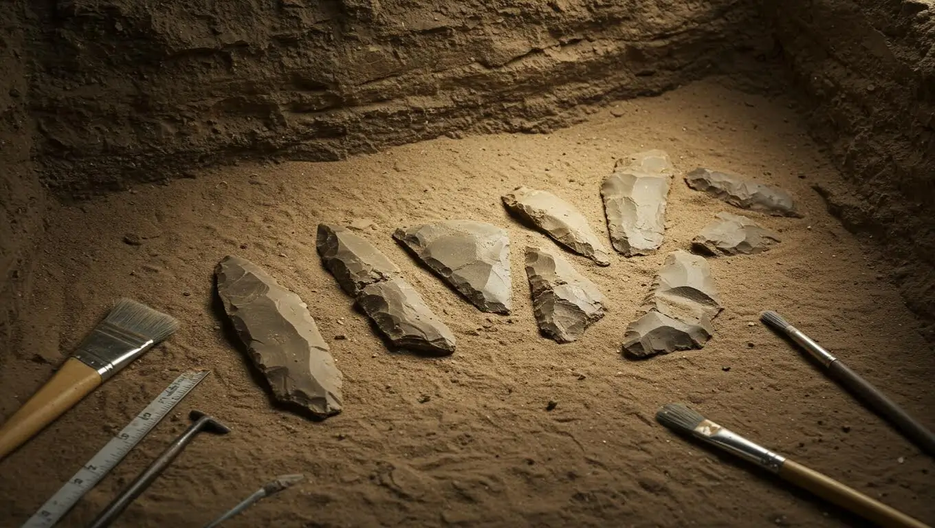 Pointes de flèches en silex vieilles de 80 000 ans découvertes lors de fouilles archéologiques, entourées d’outils de recherche et de pinceaux.