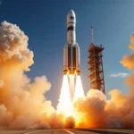 Décollage d’une fusée libérant flammes et fumée depuis son pas de tir.